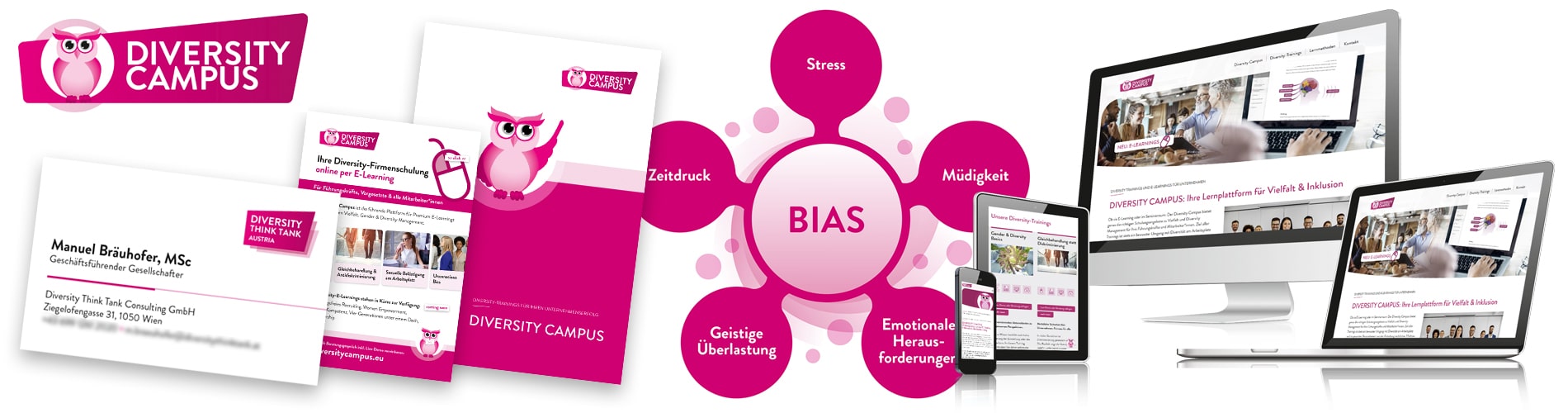 Abbildungen von Logo, Visitenkarten, Inserate, Grafiken und der Website für den Diversity Campus